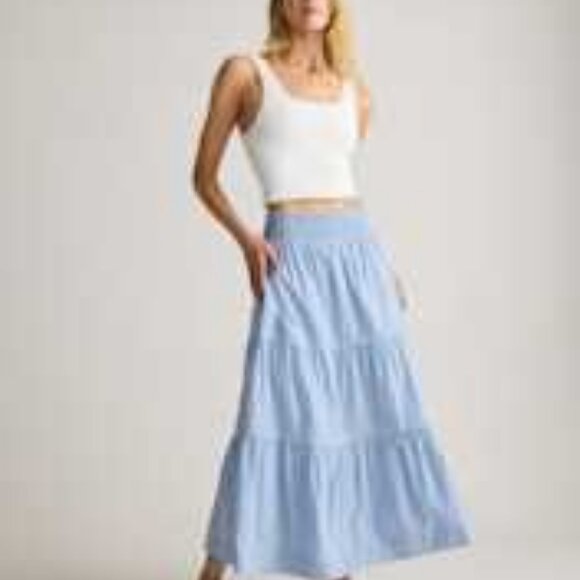 Quince Tiered Poplin Maxi Skirt Tribeca Stripe Blue/White Elastic Waist Pocket S - Picture 12 of 12